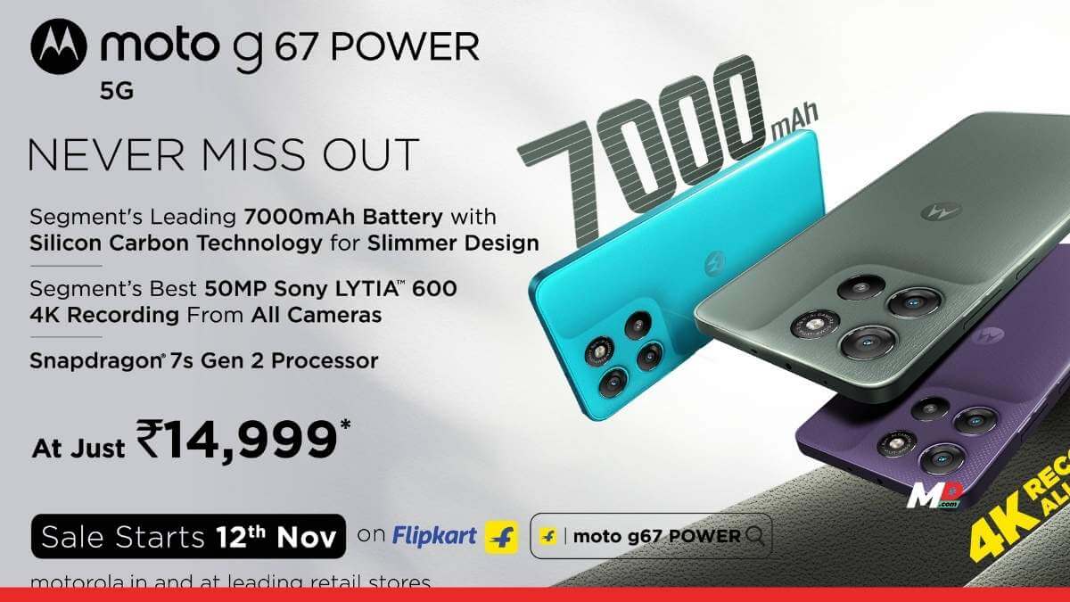 Motorola launches moto g67 POWER with a 7000mAh battery, 50MP Sony LYTIA™ 600 camera with 4K recording, and Snapdragon® 7s Gen 2, priced at ₹14,999.